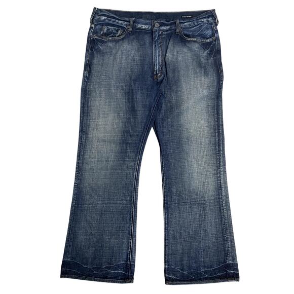 Guess Premium Cliff Boot Cut Jeans Men 40x32 Blue Fade Whiskered Loose Wide - Picture 2 of 16